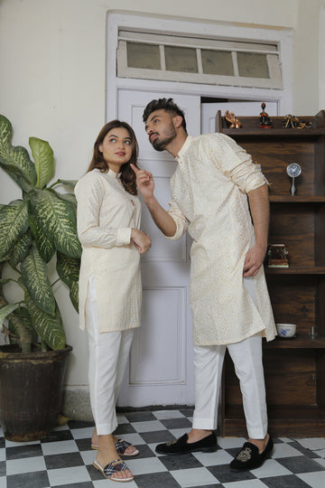 Self Golden Designer Kurta With White Trouser For Couples